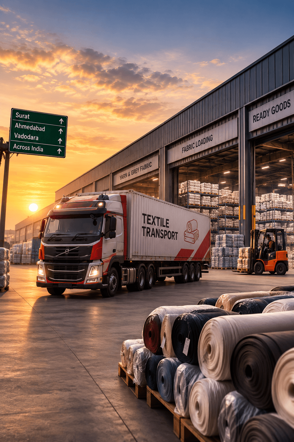 Sai Baba Transport vehicles loading at a warehouse dock, ready for textile dispatch